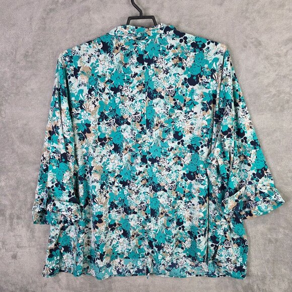 Womens Catherines Teal Blue Floral Print Blouse Button-Front 3/4 Sleeves Size 5X - Picture 3 of 7